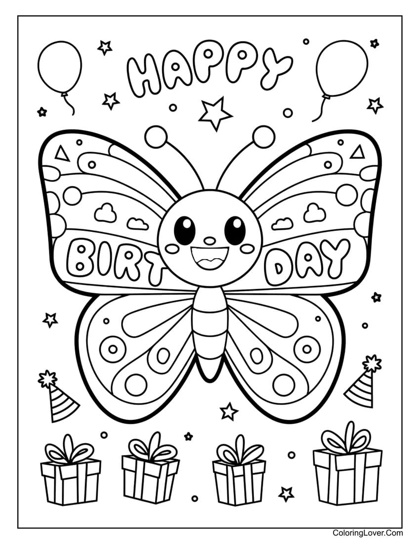 Birthday butterfly with gifts and balloons coloring page