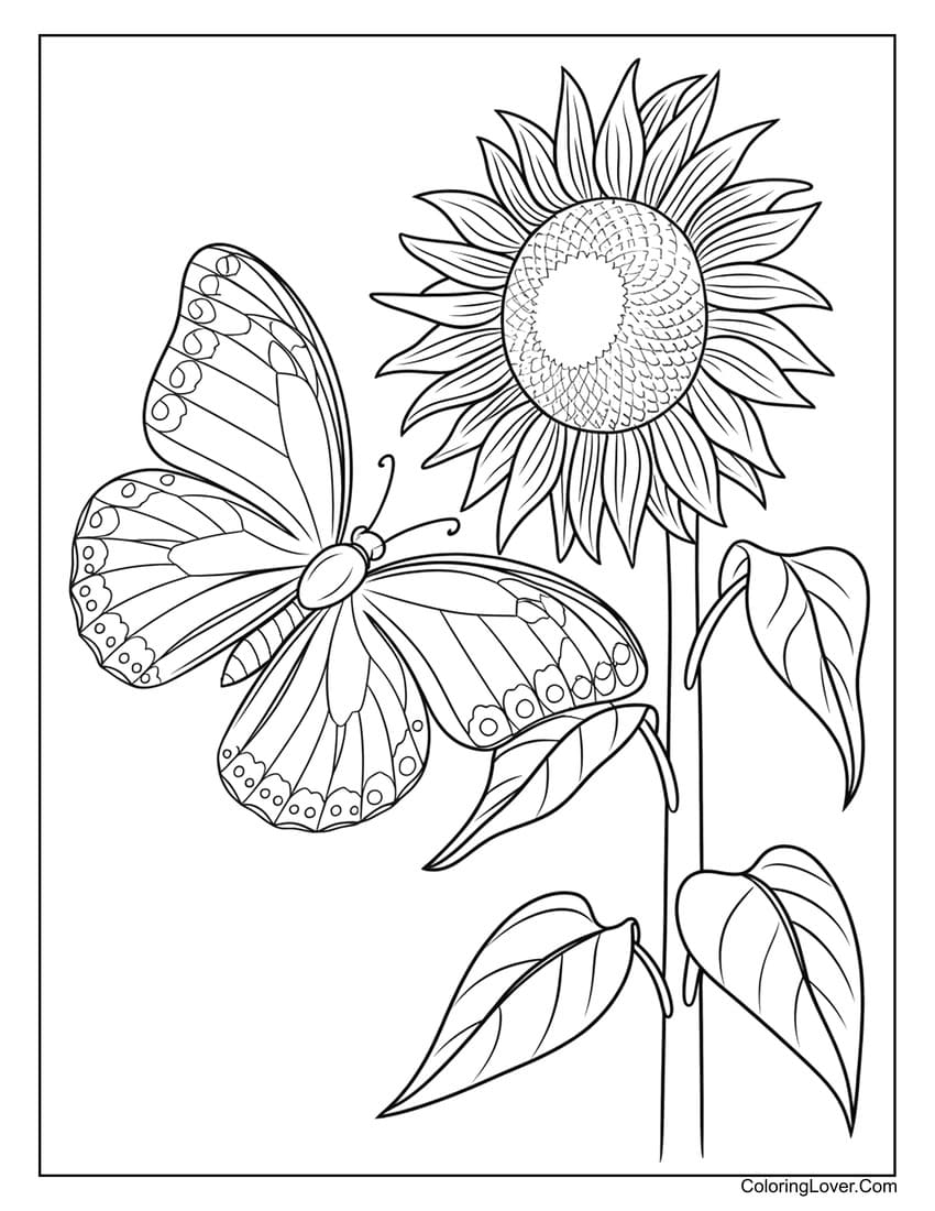 Butterfly and sunflower coloring page