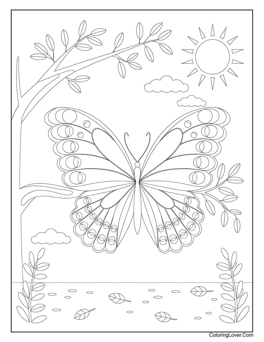 Butterfly in a sunny garden with trees coloring page