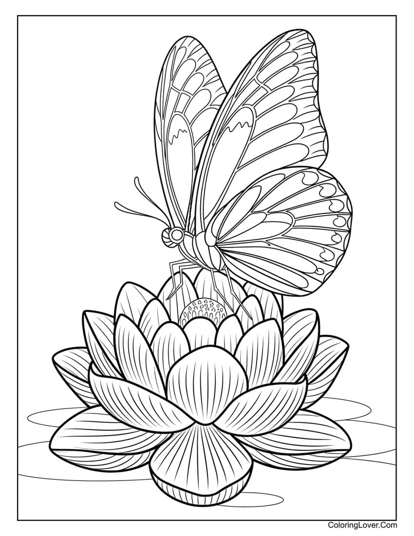 Butterfly resting on a lotus flower coloring page