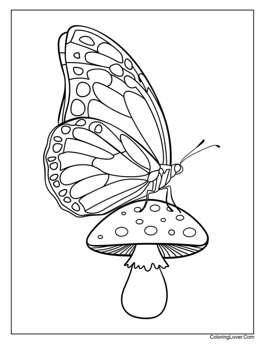 Butterfly resting on a mushroom coloring page