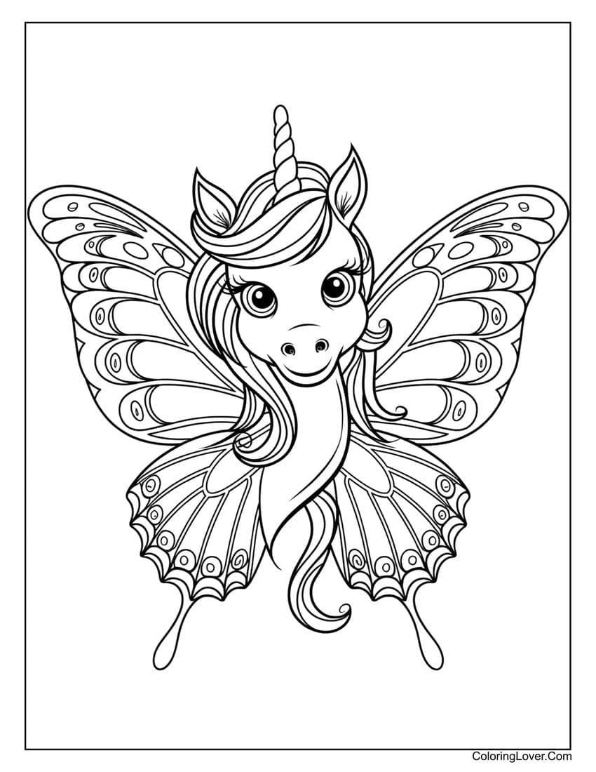 Butterfly unicorn fantasy illustration coloring page