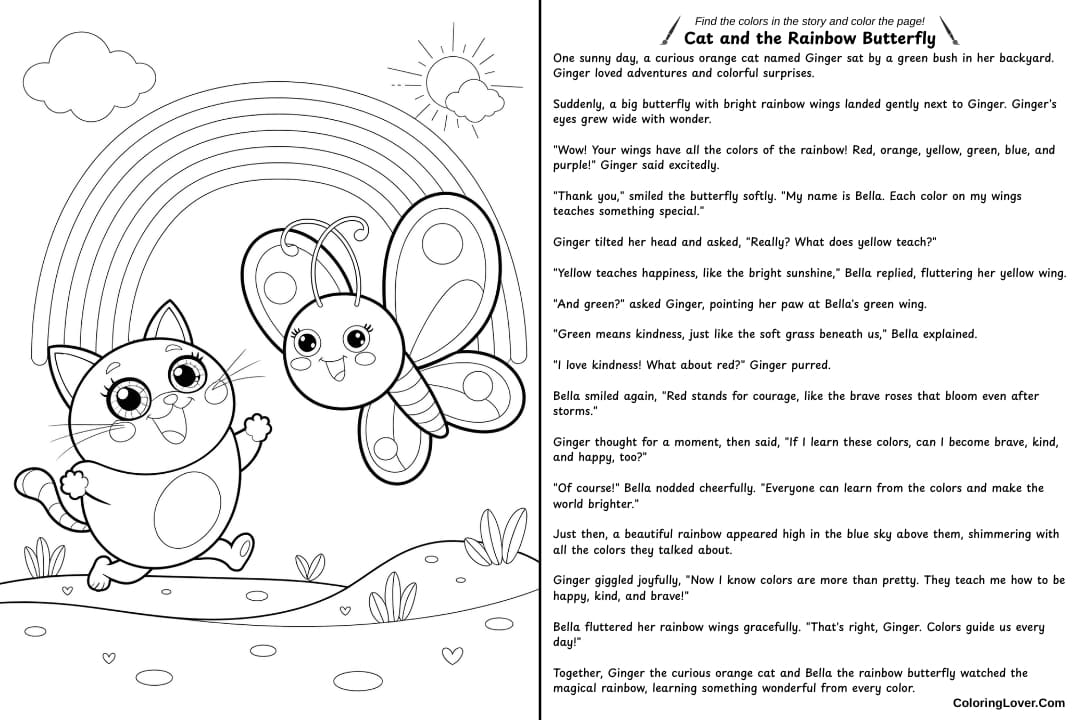Cat and the Rainbow Butterfly Coloring Page