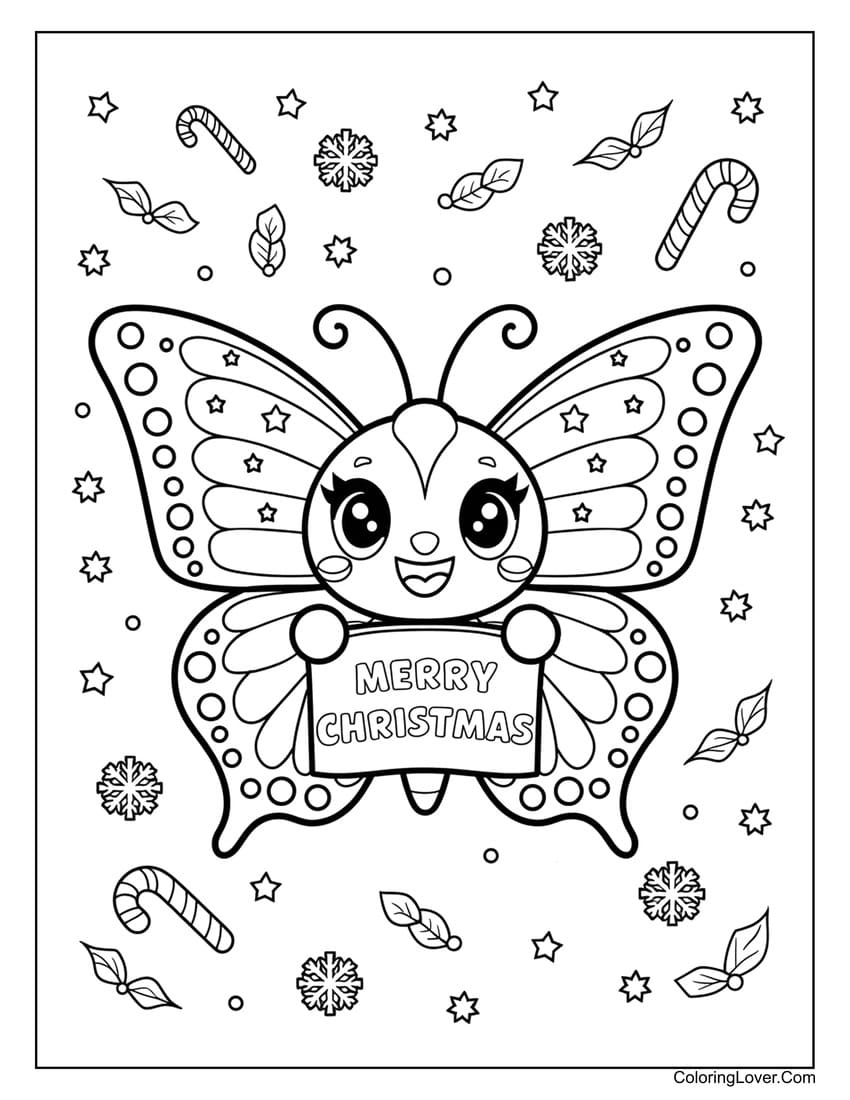 Christmas butterfly holding Merry Christmas sign coloring page