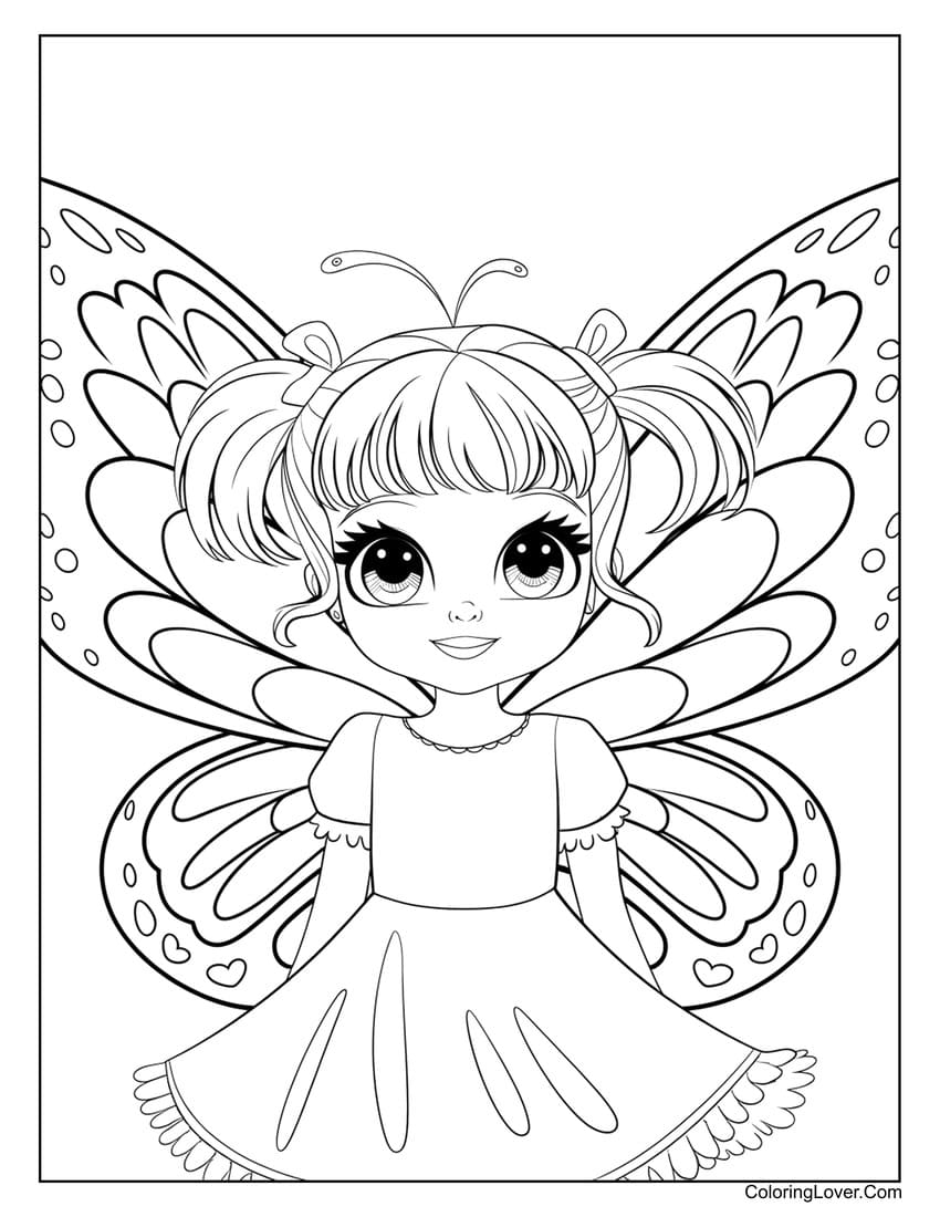 Cute anime girl with pigtails and butterfly wings coloring page