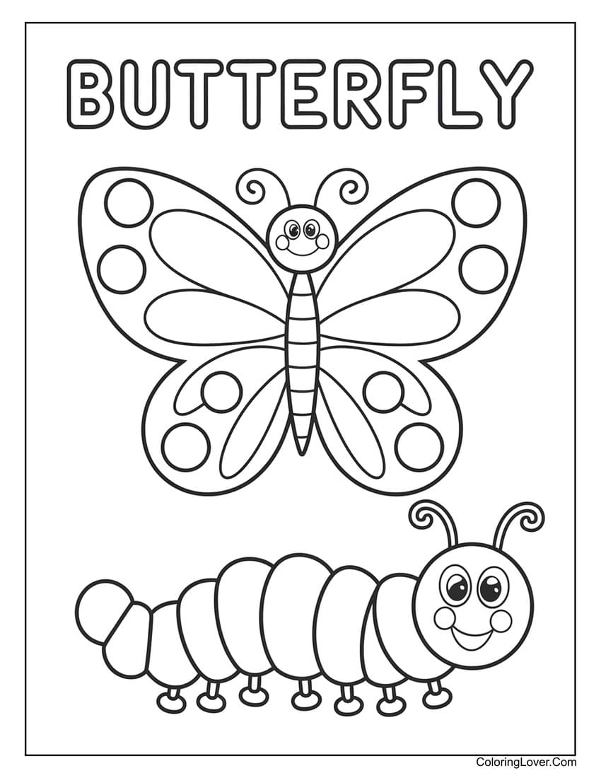 Cute butterfly and caterpillar coloring page for kids
