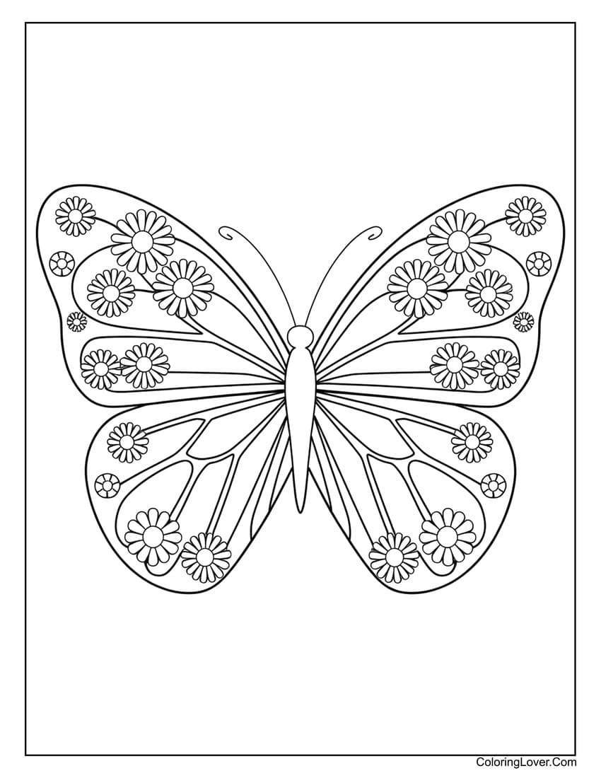 Cute butterfly with floral patterns coloring page for kids