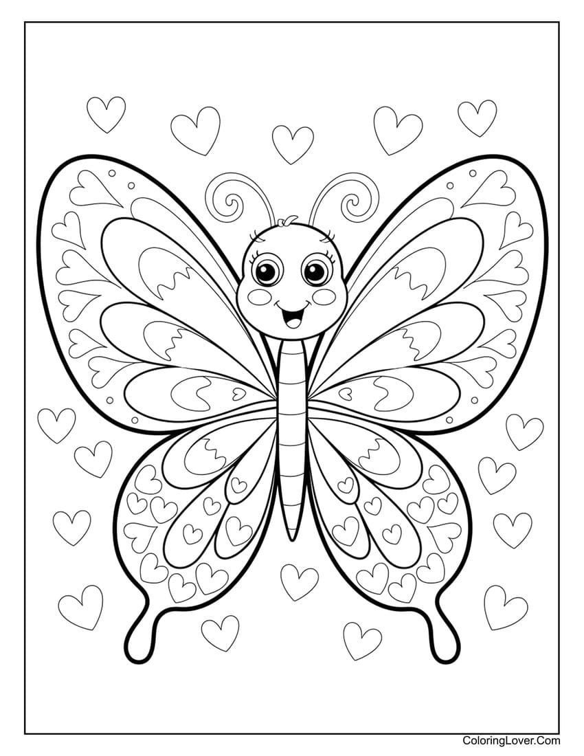 Cute happy butterfly with hearts coloring sheet