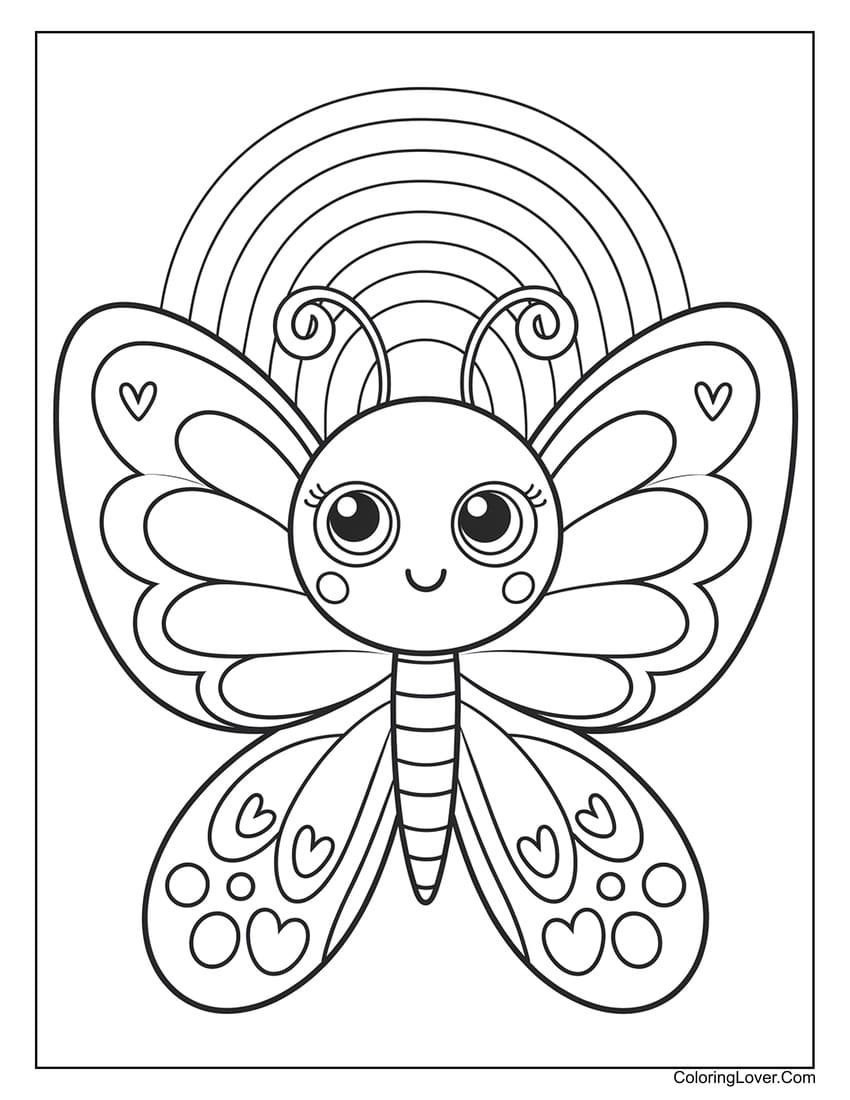 Cute smiling butterfly with rainbow coloring sheet