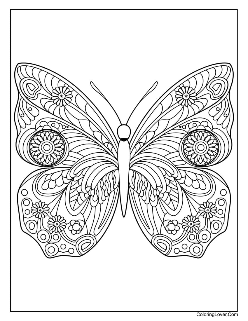 Detailed mandala butterfly coloring sheet for adults