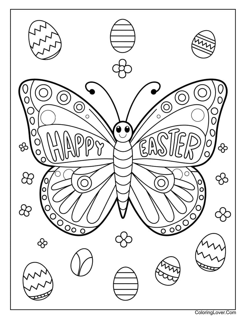 Easter butterfly surrounded by colorful eggs coloring page