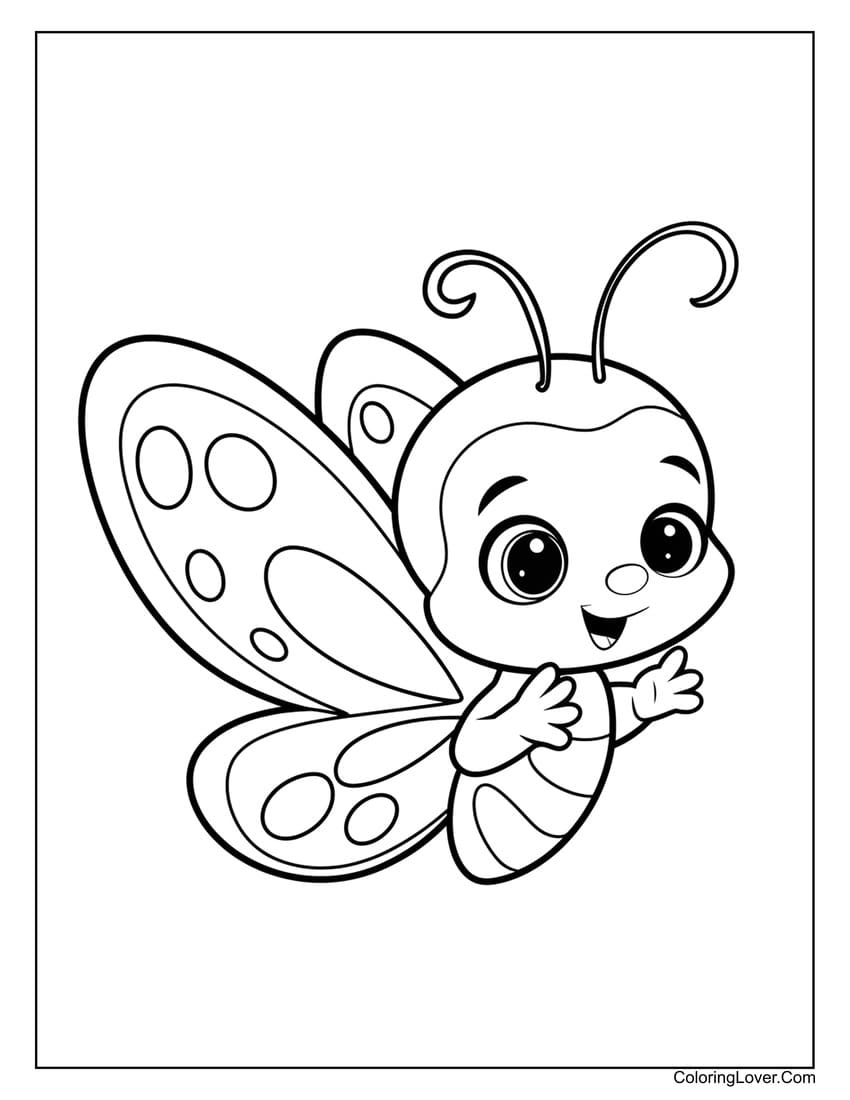 Flying baby butterfly with cheerful face coloring page