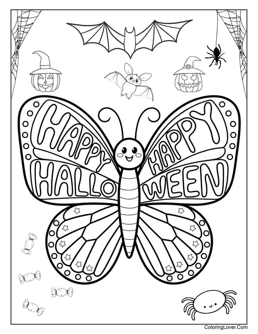 Halloween butterfly with bats and pumpkins coloring page