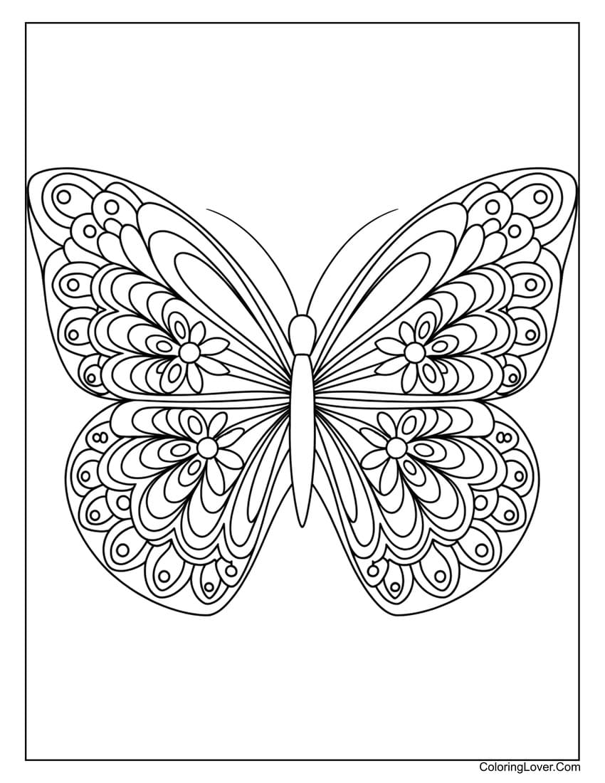 Mandala-inspired butterfly coloring page with floral patterns