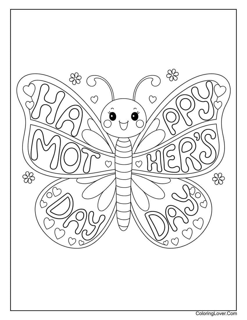 Mother's Day butterfly with Happy Mother's Day message coloring page