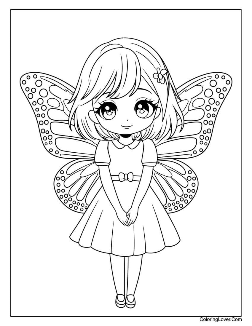Smiling anime girl with butterfly wings coloring page