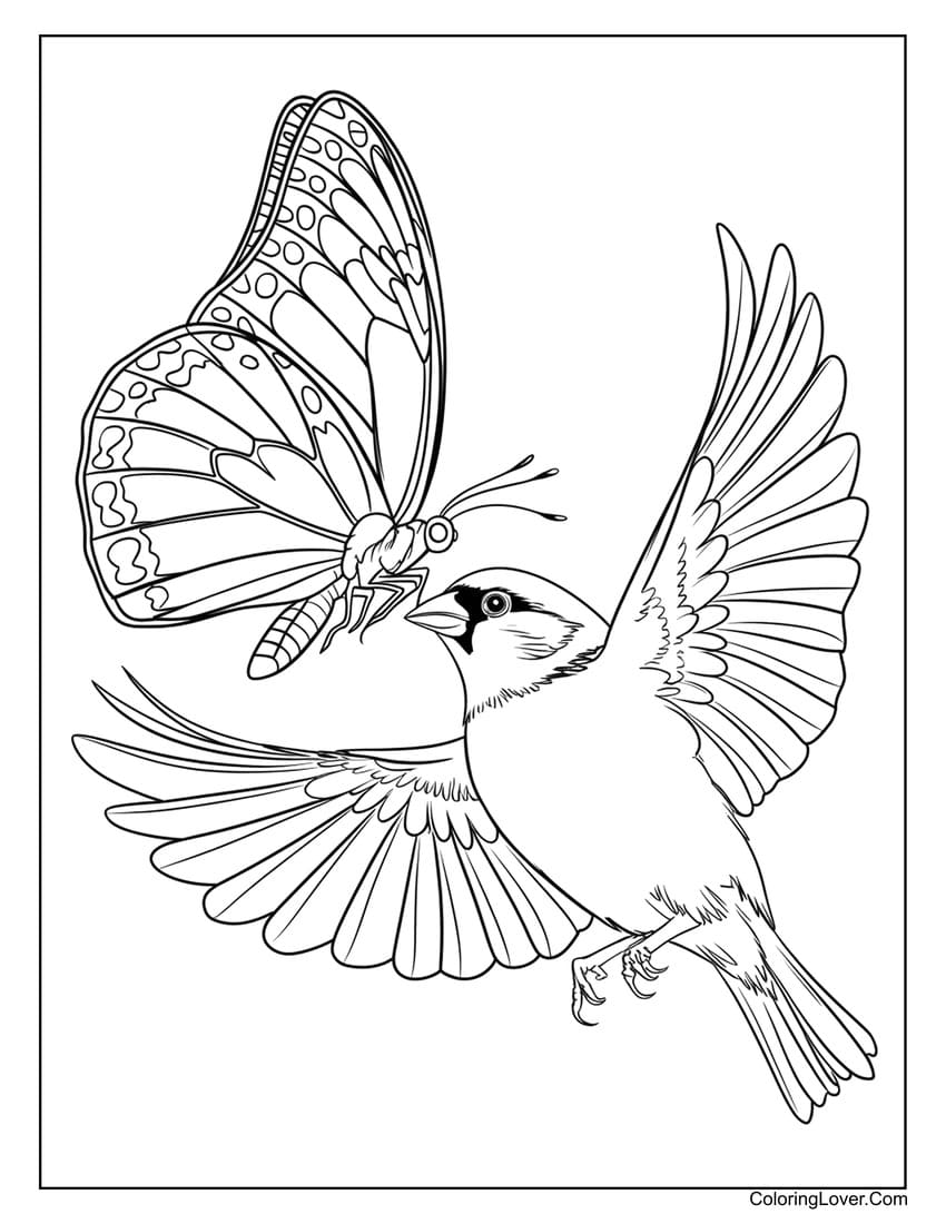 Sparrow and butterfly flying together coloring page