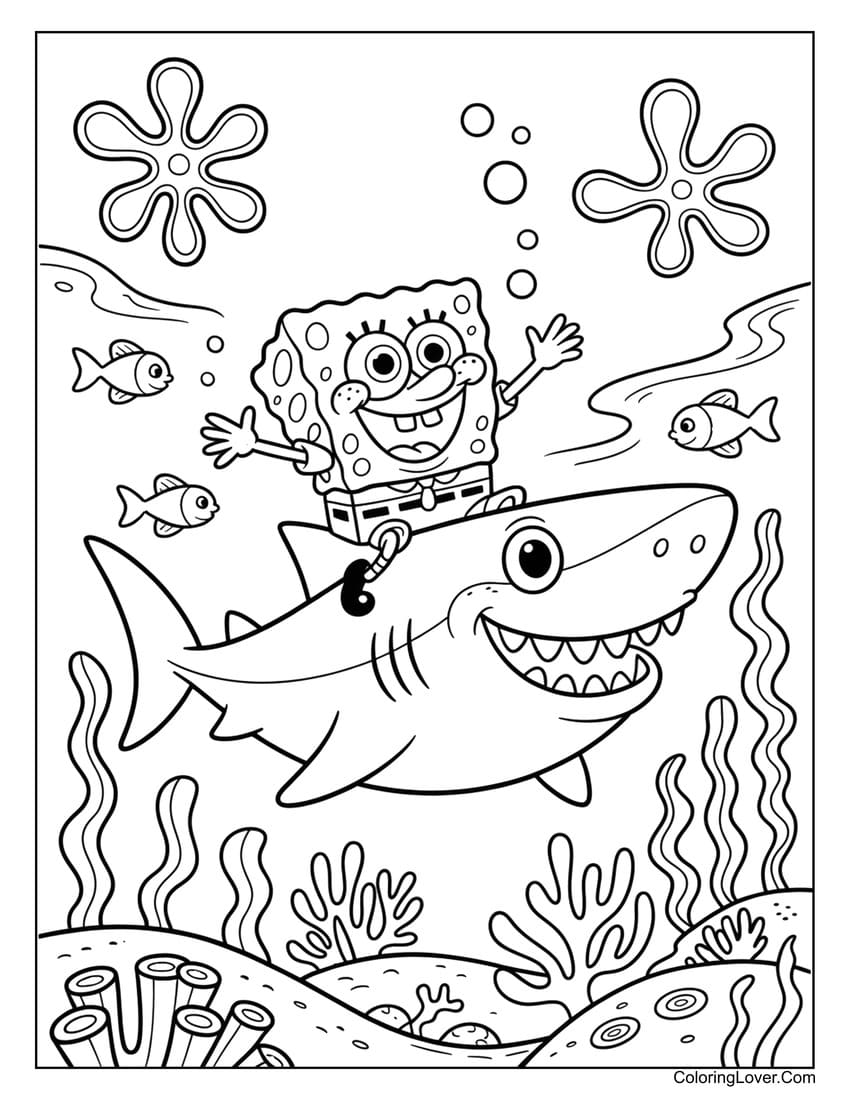 SpongeBob riding a happy shark coloring page