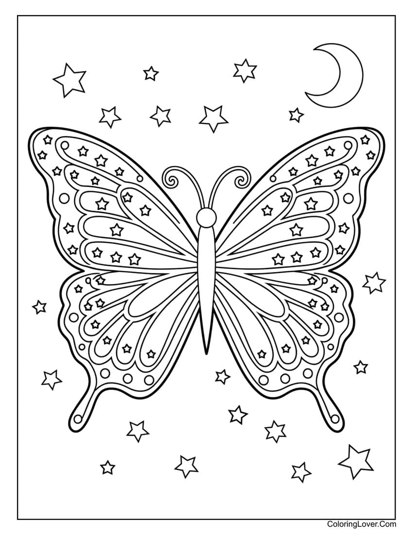 Starry butterfly coloring page with crescent moon