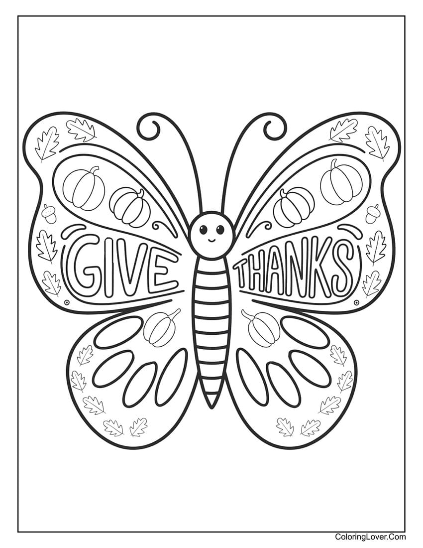 Thanksgiving butterfly with Give Thanks message coloring page