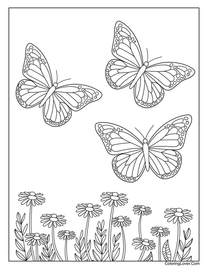 Three butterflies flying over a flower garden coloring page