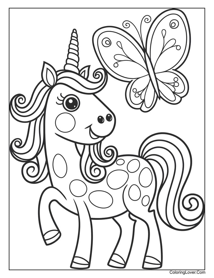 Unicorn and butterfly coloring page for girls