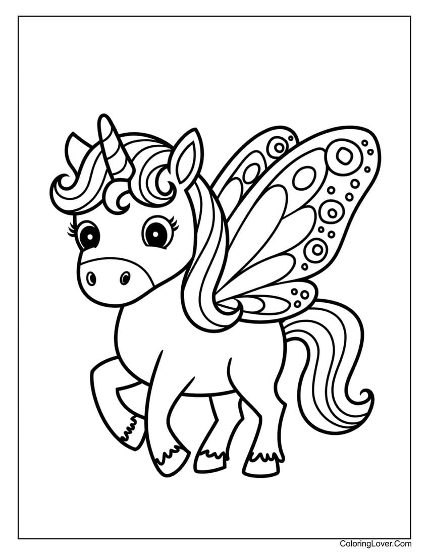 Unicorn butterfly coloring sheet with magical wings