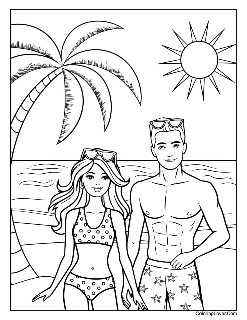 Barbie and Ken walking on the beach coloring page
