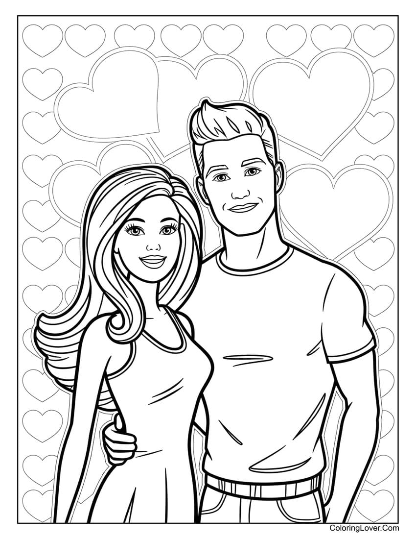 Barbie and Ken with hearts background coloring page