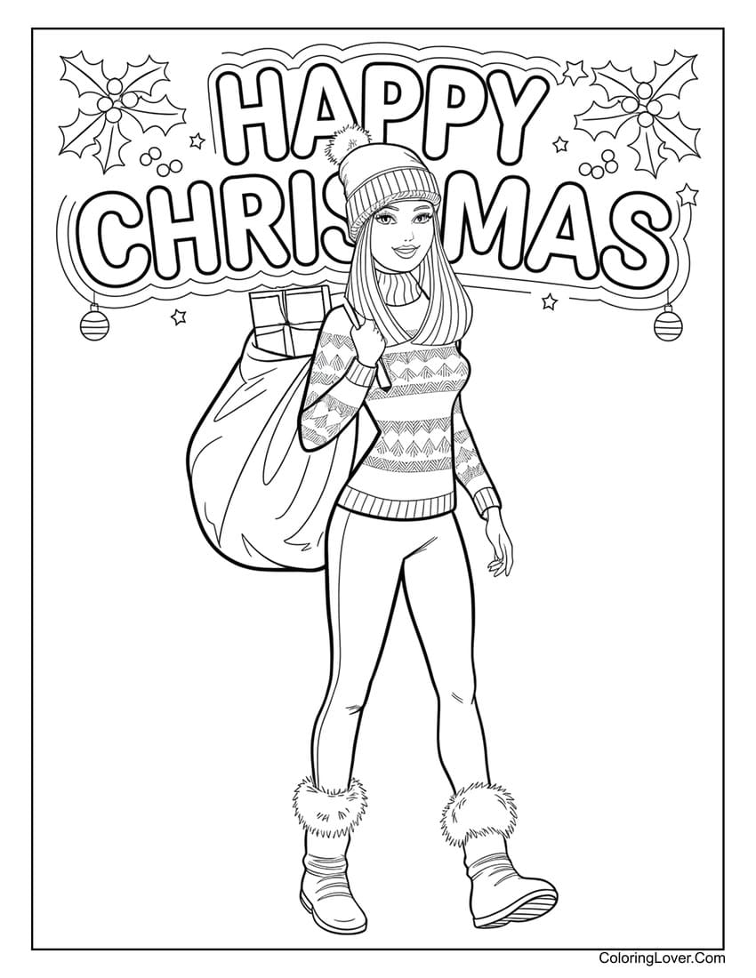 Barbie carrying a Christmas gift sack coloring page