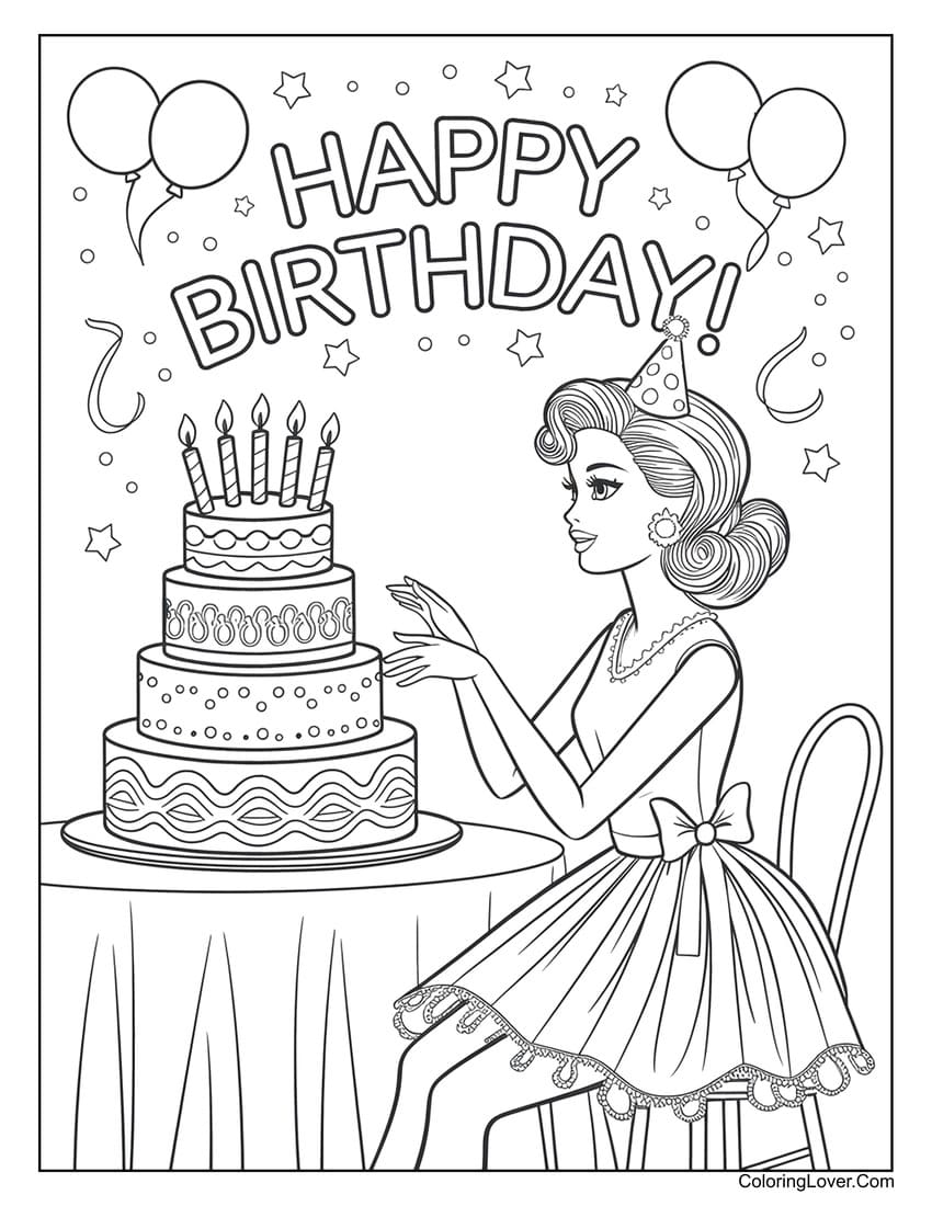 Barbie celebrating birthday with cake and balloons coloring page