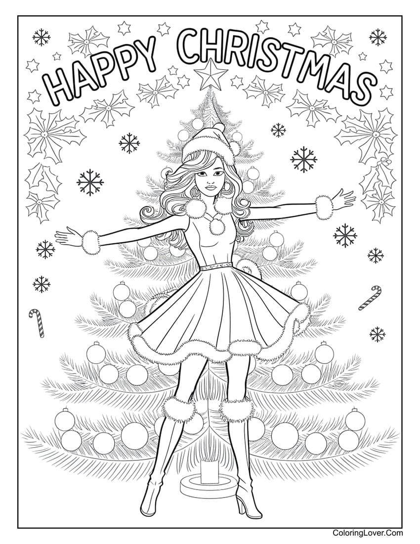 Barbie dancing in front of a Christmas tree coloring page