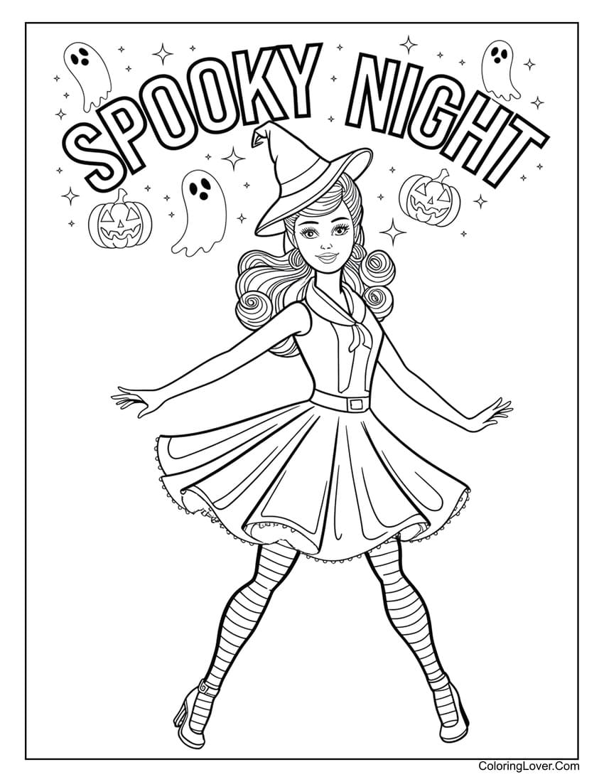 Barbie dancing in Halloween spooky night coloring page