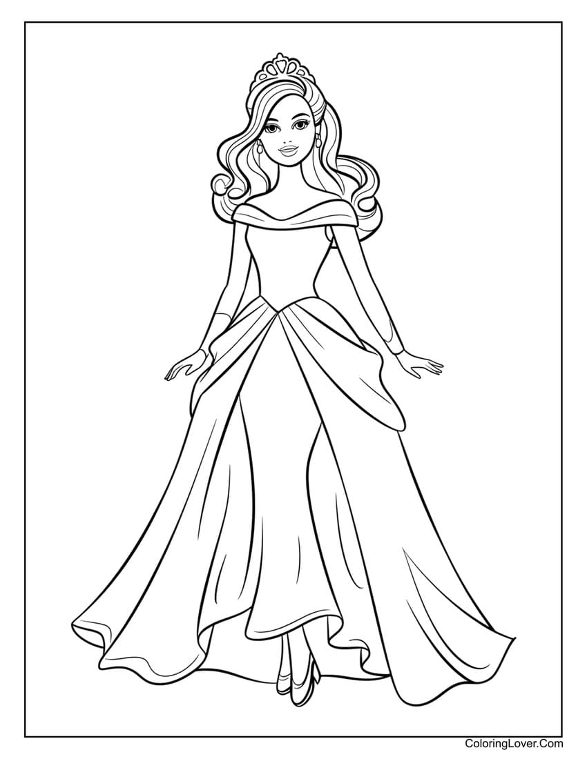 Barbie doll as a beautiful princess coloring page for girls