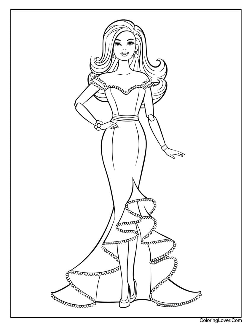 Barbie doll in an elegant evening gown coloring page for kids