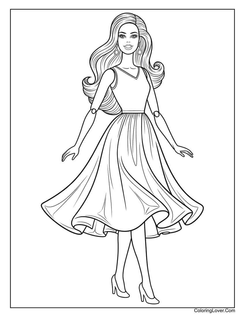 Barbie doll twirling in a flowy dress coloring page for girls