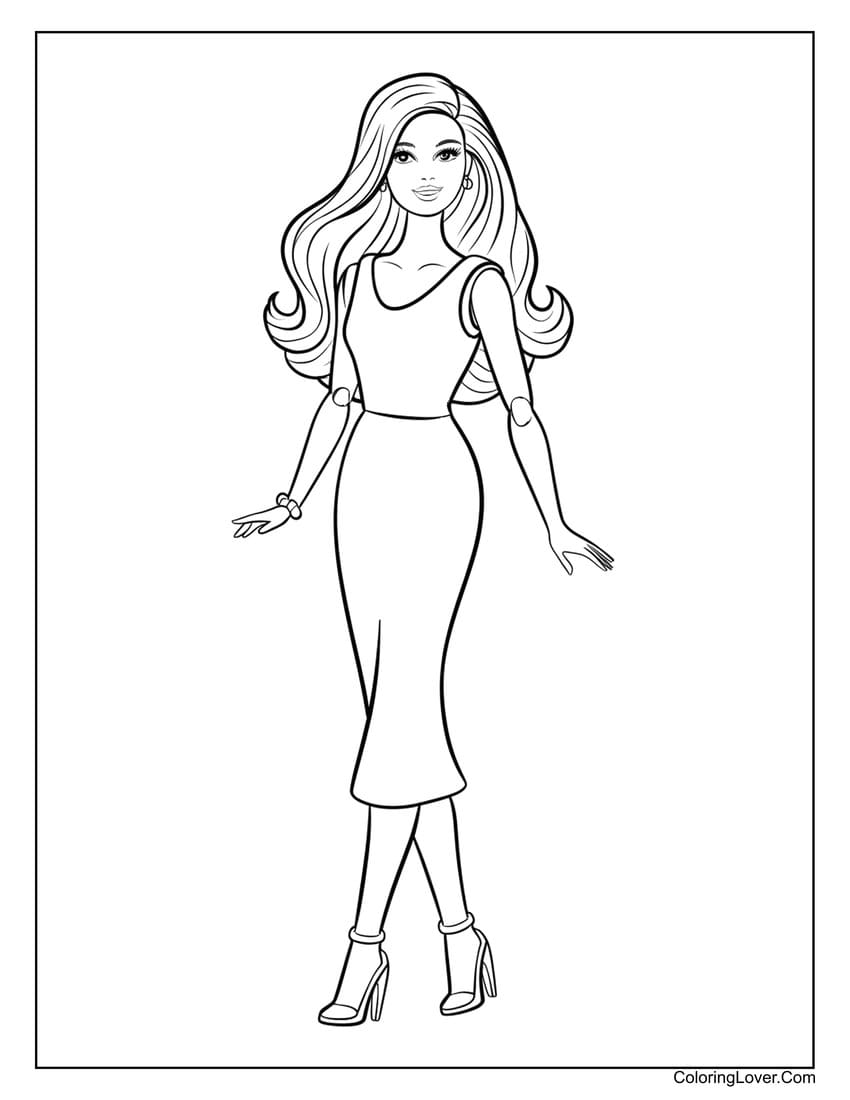 Barbie doll wearing a sleek fashion dress coloring page for girls