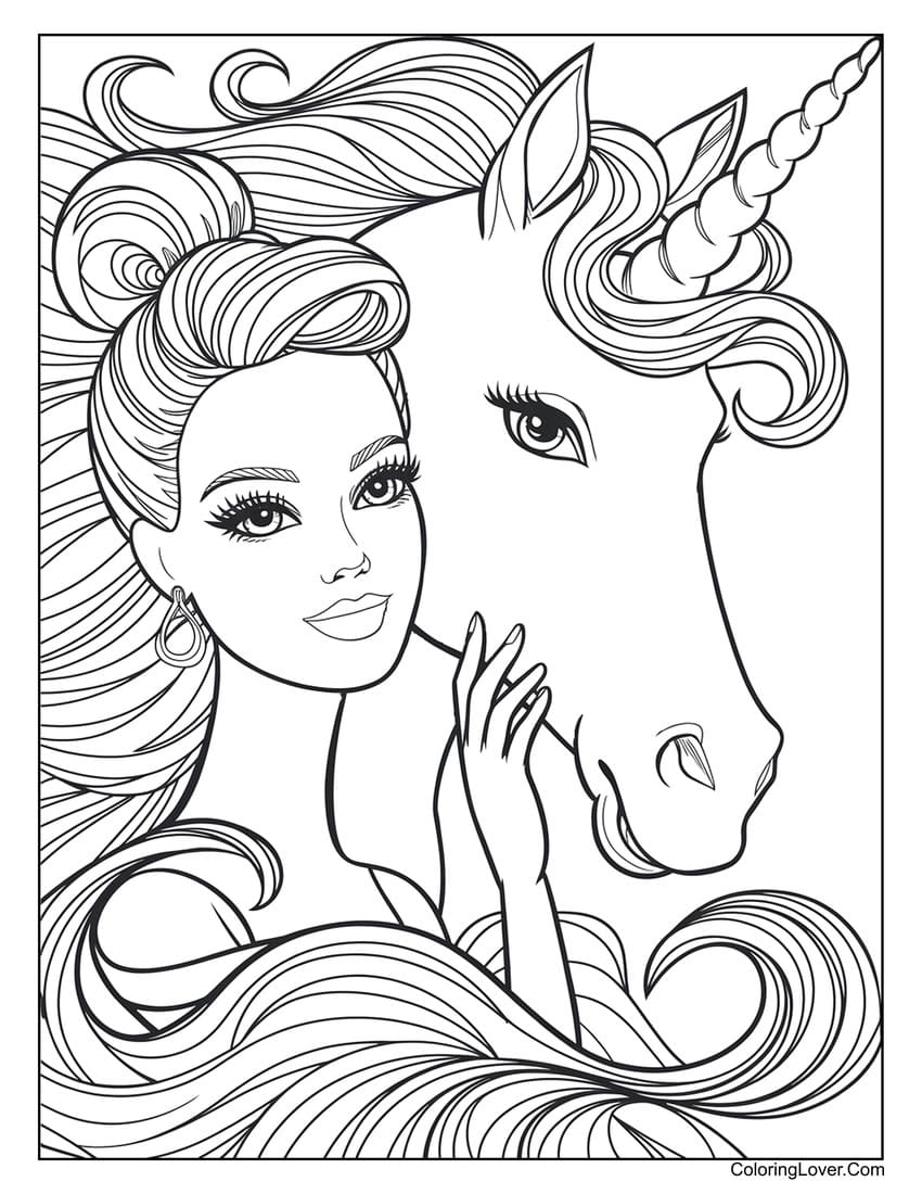 Barbie gently touching a magical unicorn coloring page