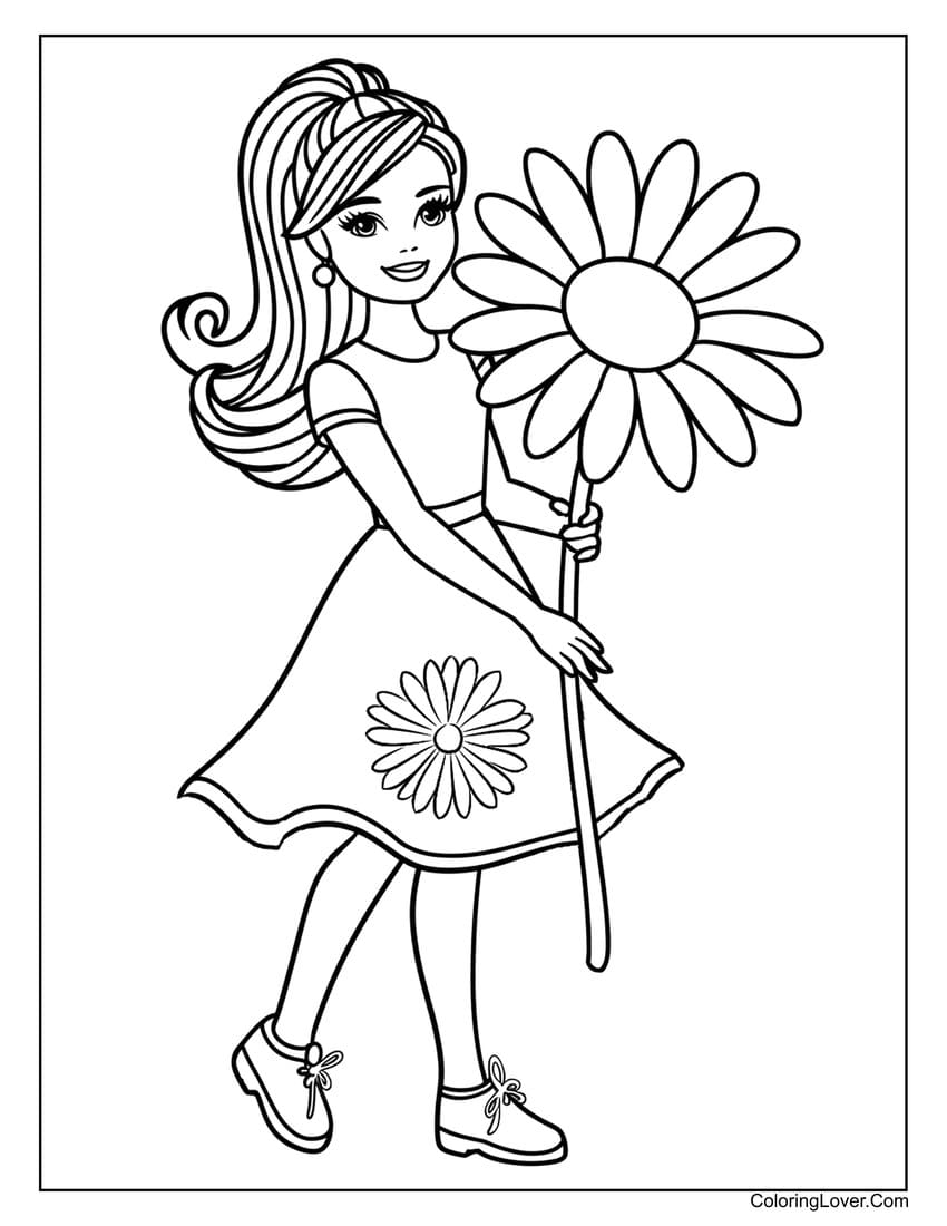 Barbie holding a big daisy flower coloring page