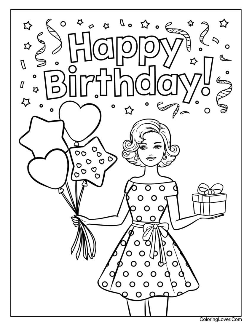 Barbie holding birthday balloons and a gift coloring page