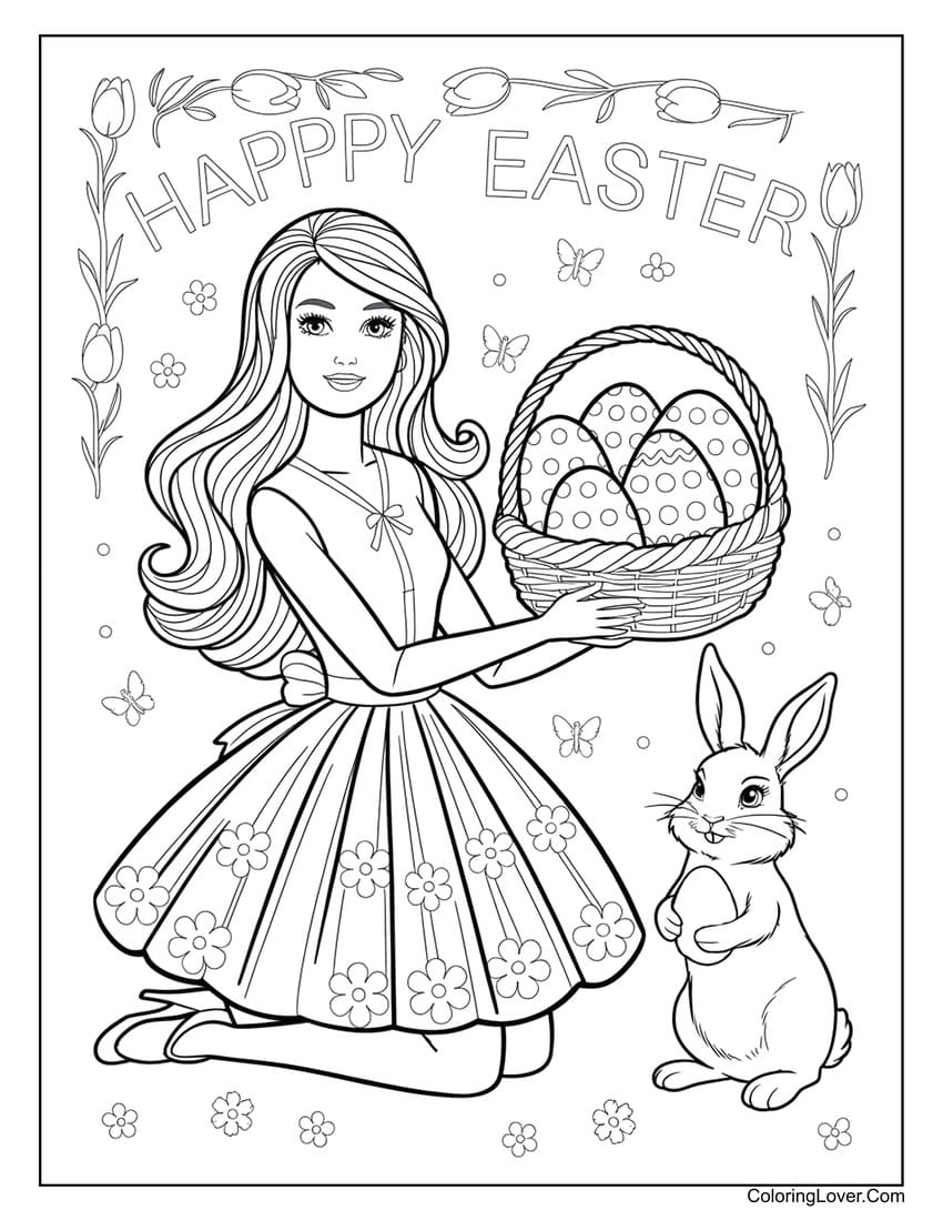 Barbie holding Easter egg basket with bunny coloring page