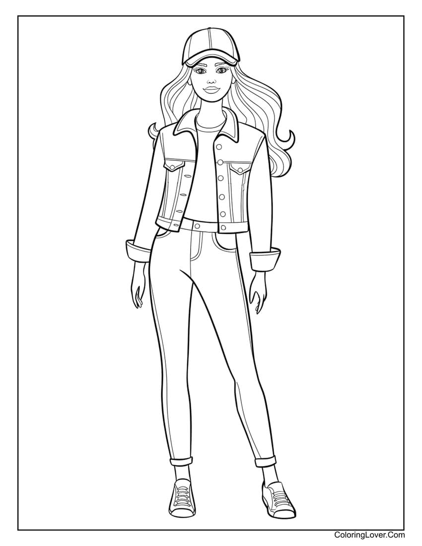 Barbie in a casual denim outfit with cap coloring page