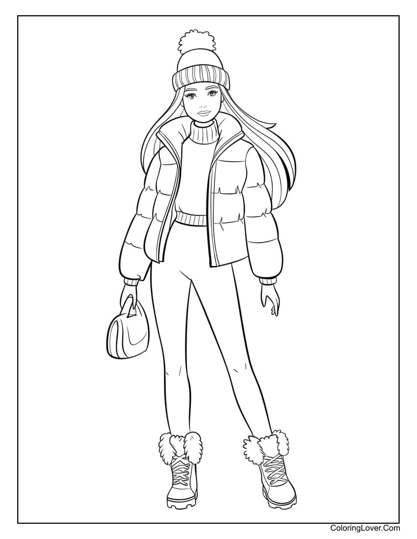 Barbie in a cozy winter outfit with beanie coloring page