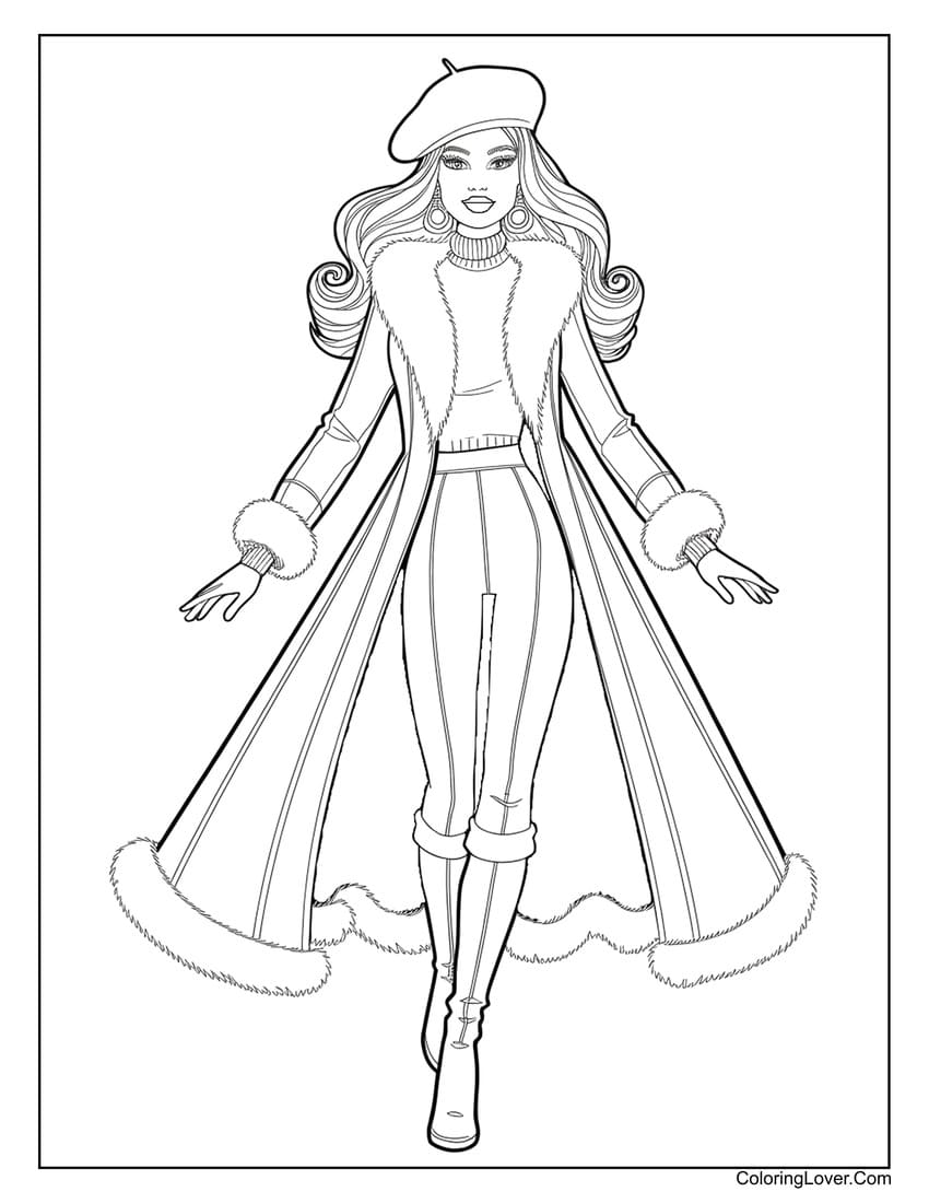 Barbie in a fashionable winter coat coloring page