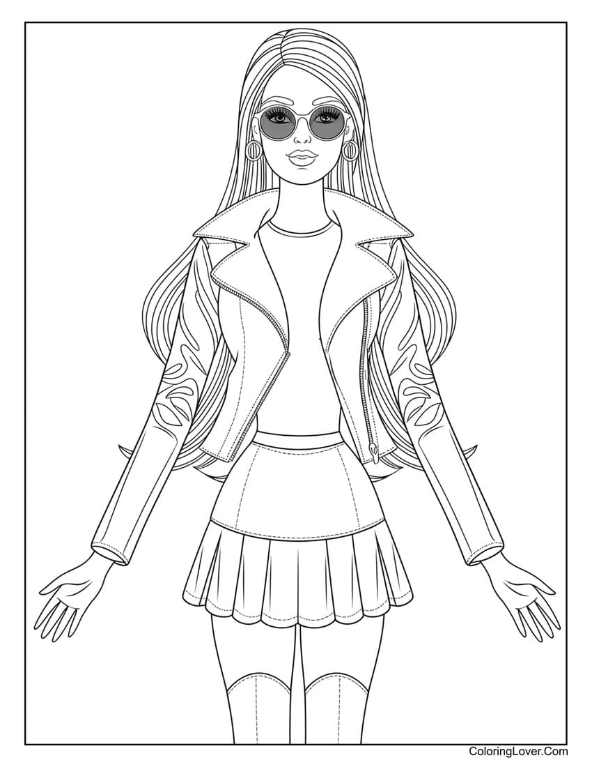 Barbie in a leather jacket with sunglasses coloring page