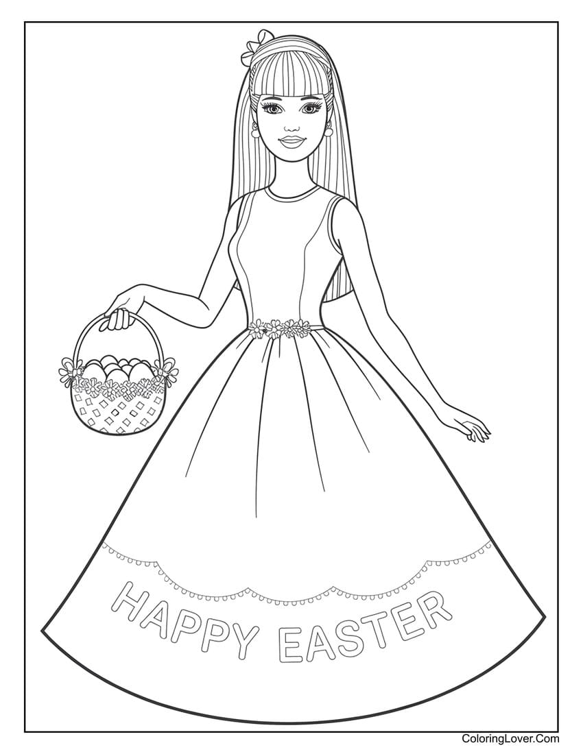Barbie in a princess dress holding an Easter basket coloring page