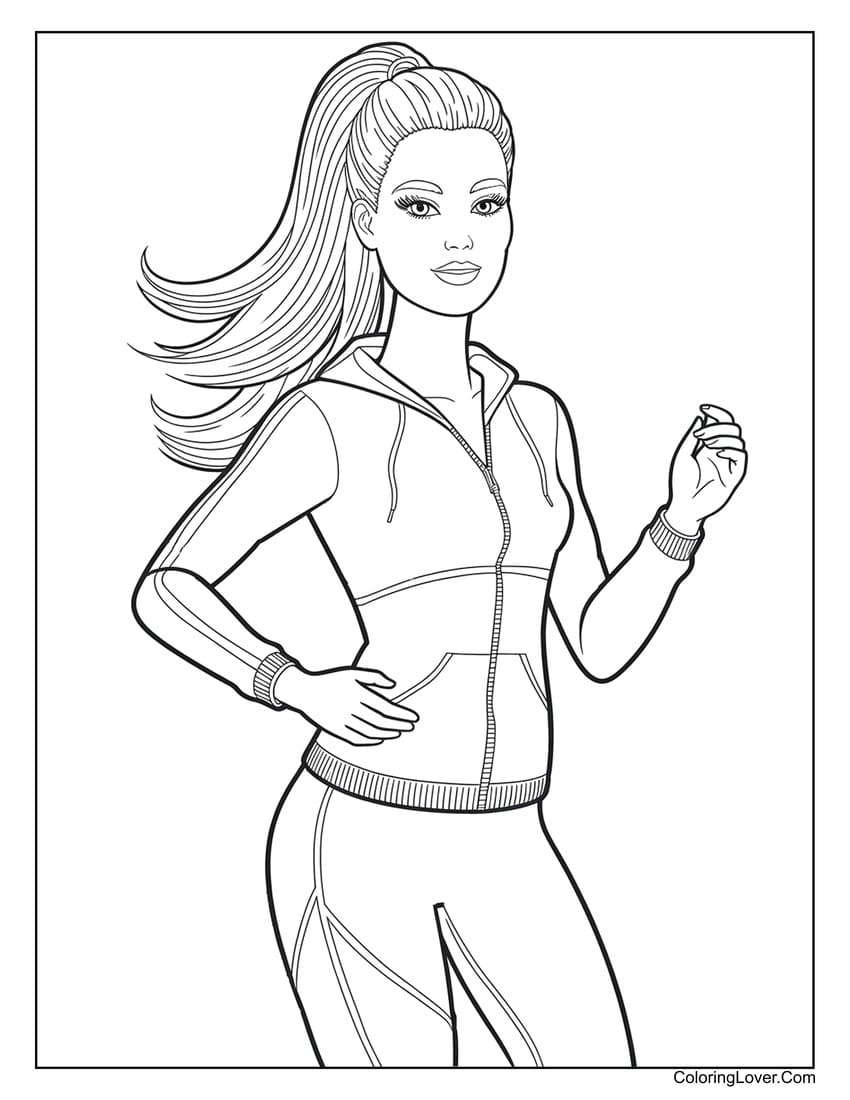 Barbie in a sporty jogging outfit coloring page