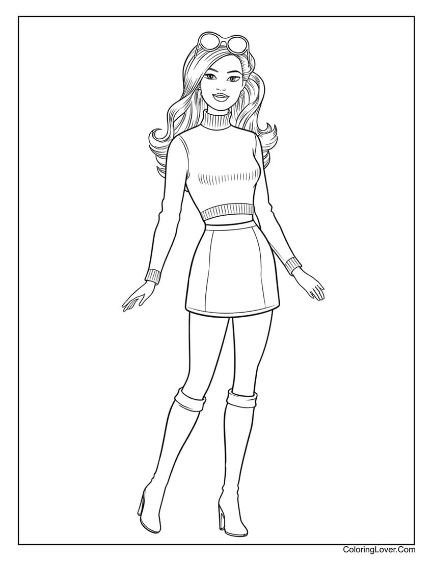 Barbie in a trendy mini skirt outfit coloring page