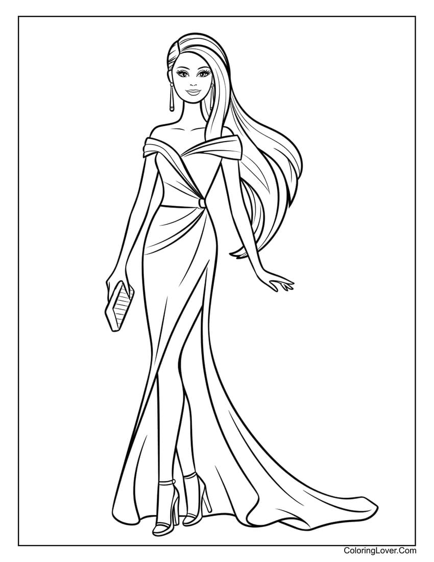 Barbie in an elegant evening gown coloring page