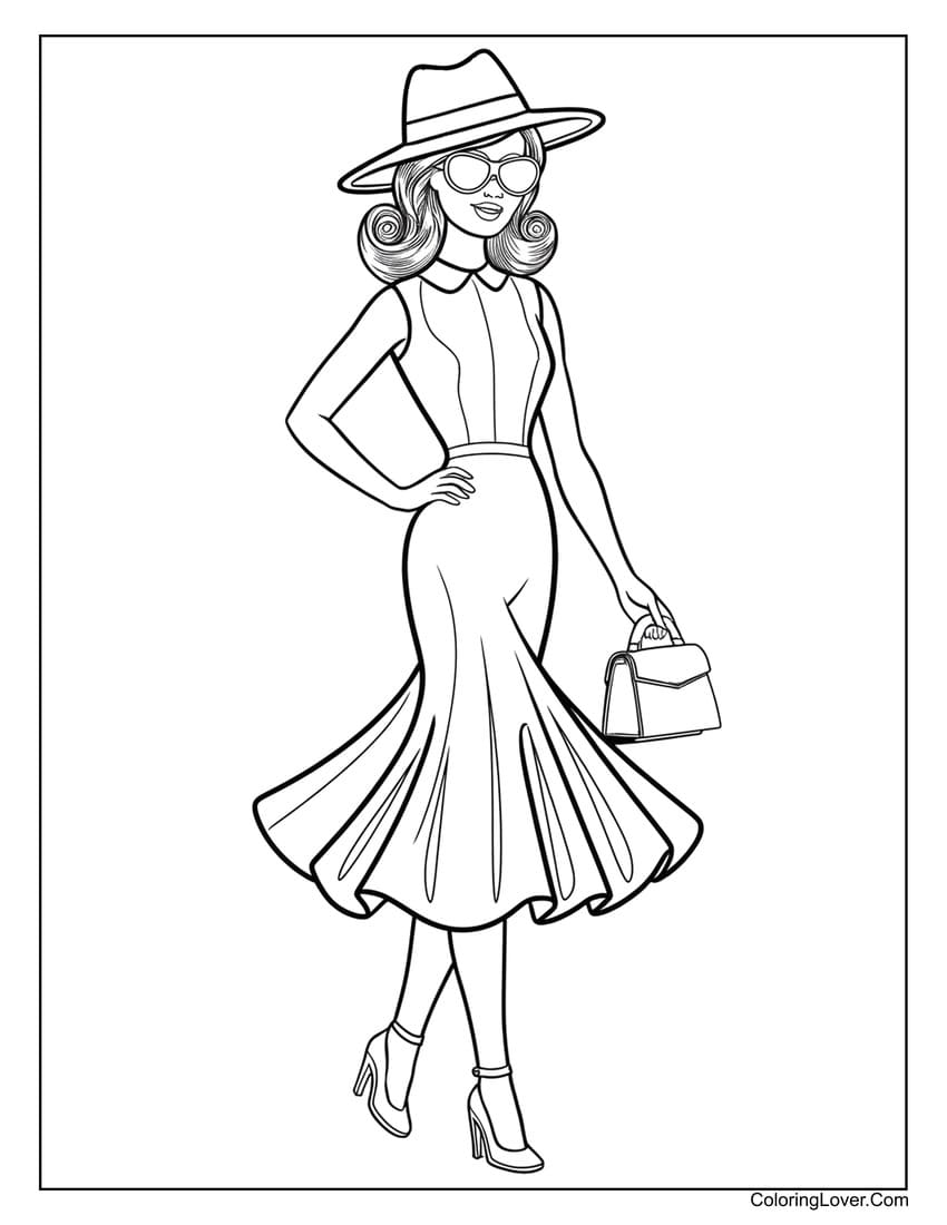 Barbie in elegant hat and sunglasses coloring page
